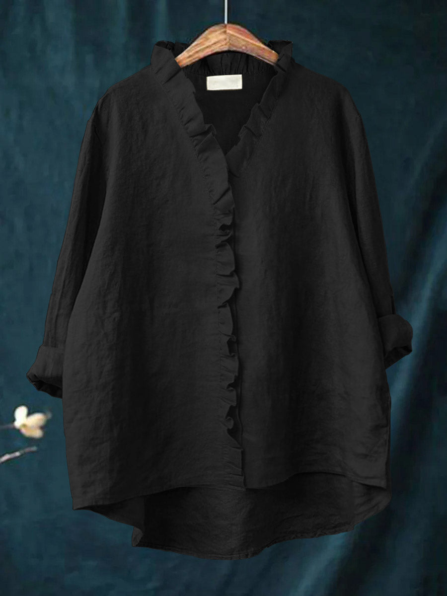 Women's Casual Cotton And Linen Ruffle Shirt