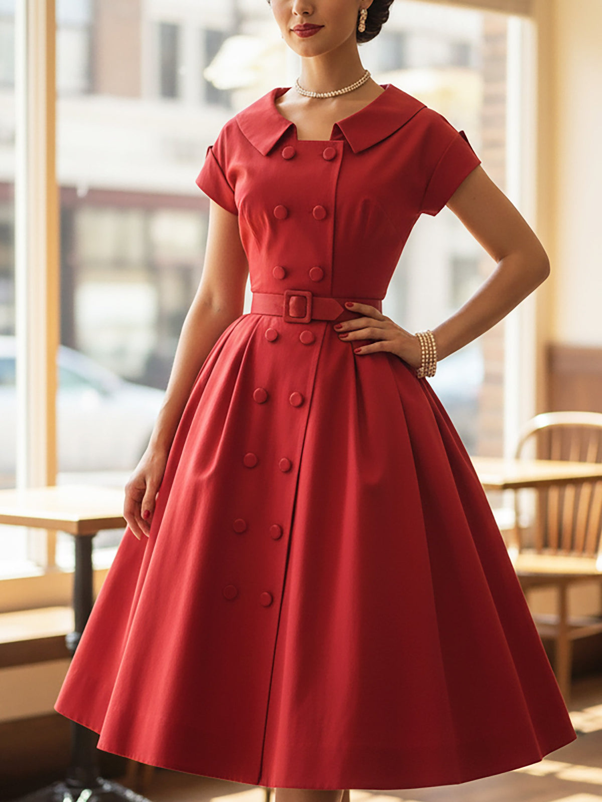 Midi Cotton Dress, Short Sleeves, Shawl Collar, Button Design, Vintage, Red