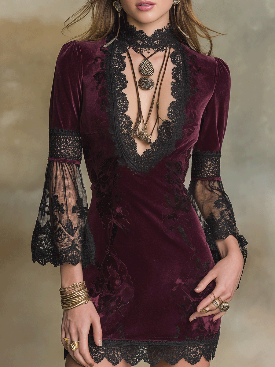 Elegant Burgundy Velvet Lace-Trim Mini Dress
