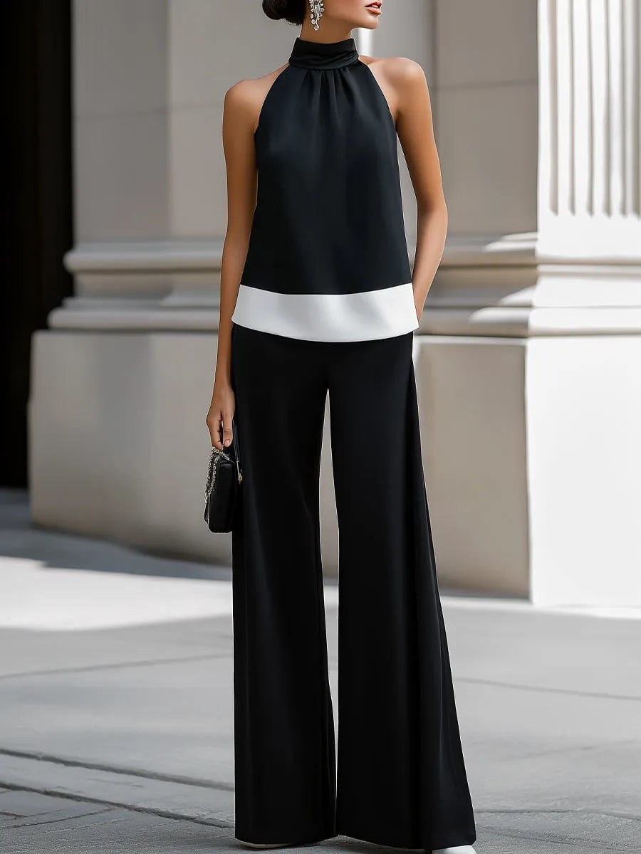 Contrast Hem Halter Neck Blouse & Wide-Leg Pants Set