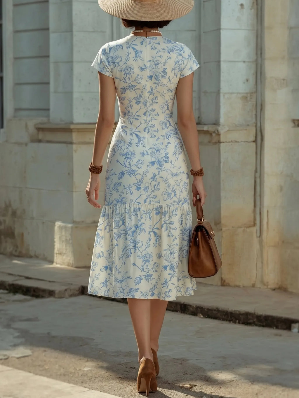 Midi Linen Dress, Short Sleeves, Sweetheart Neck, Floral, Ruffles, Vintage, Blue