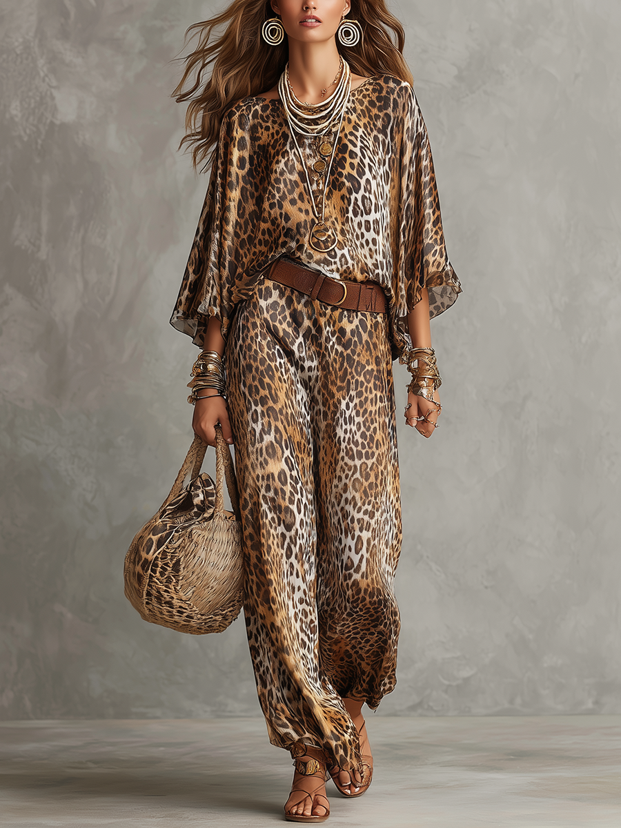 Bohemian Leopard Print Batwing Sleeve Suit
