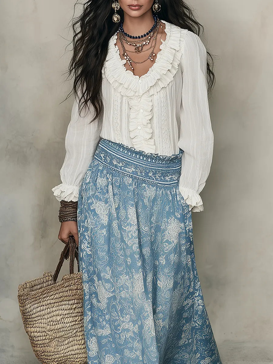 Bohemian White Ruffle Blouse & Blue Jacquard  ¨C Effortless Resort Elegance Midi Skirt