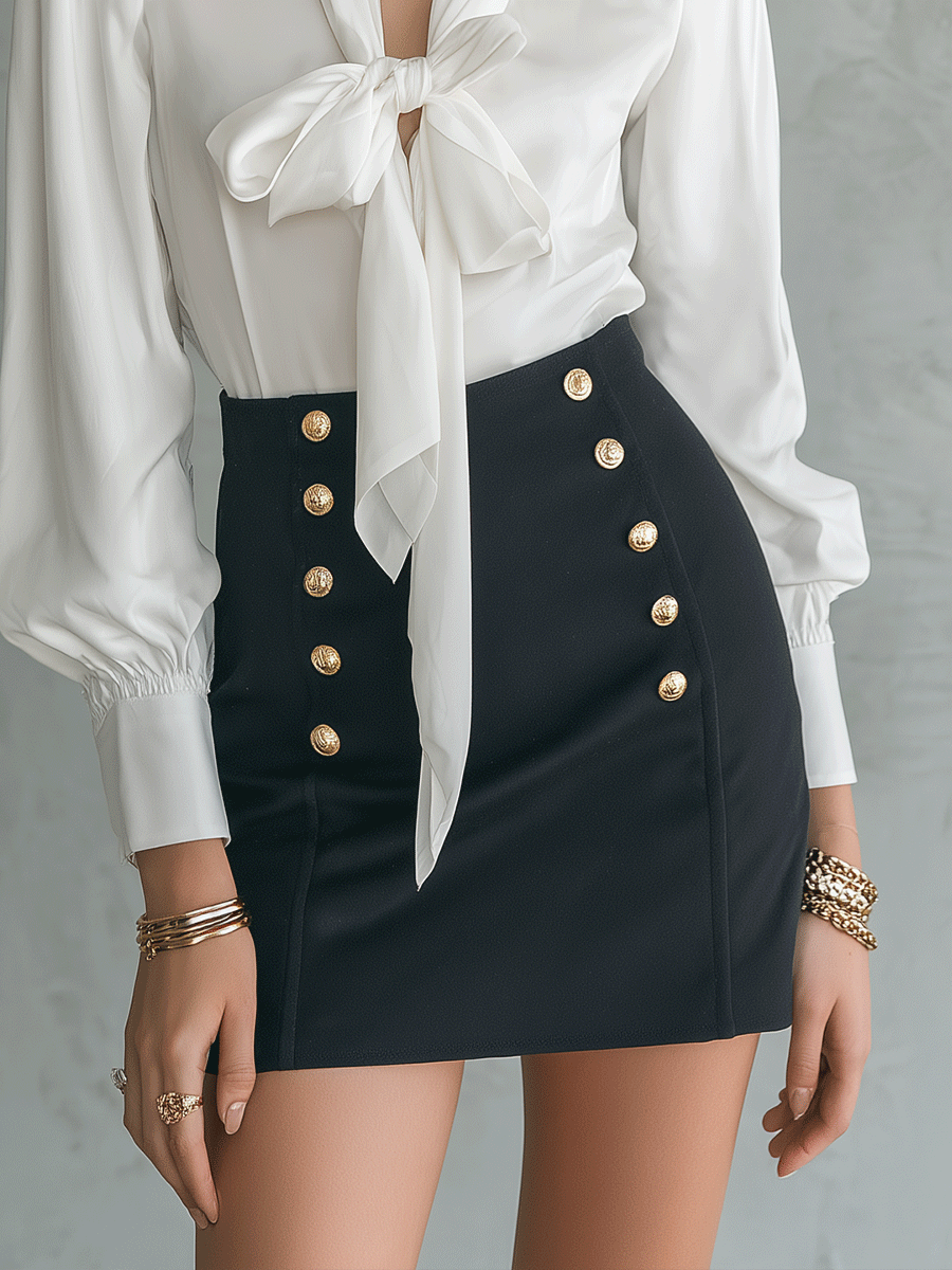 Women's Bow-Tie Satin Blouse & Gold Button Mini Skirt Two-Piece Set