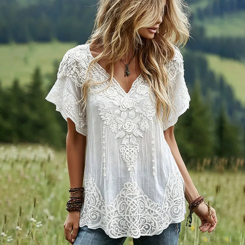 Women's Vintage Celtic Knot Floral Art Linen Blend Short Sleeve Tops