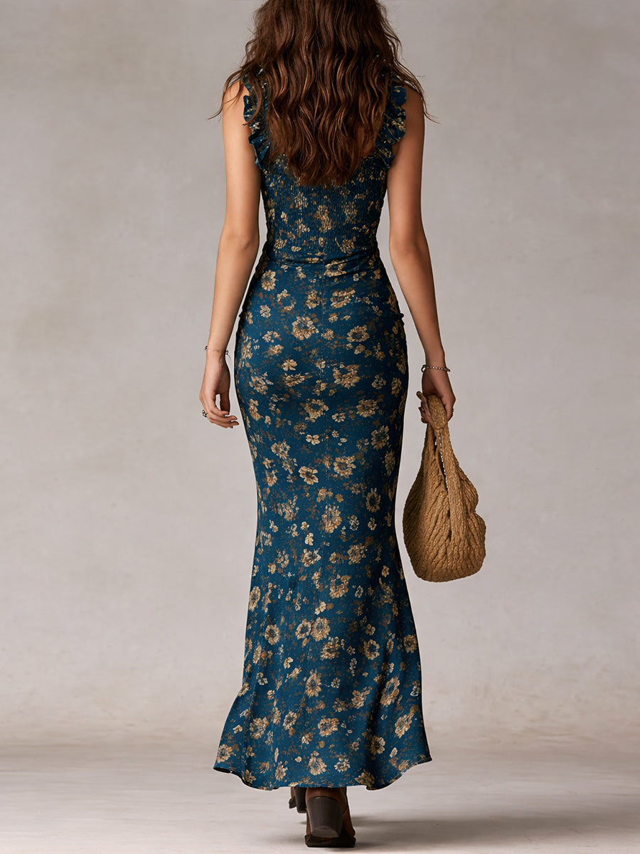 Boho Retro Ruffled Sleeves High Slit Maxi Dress