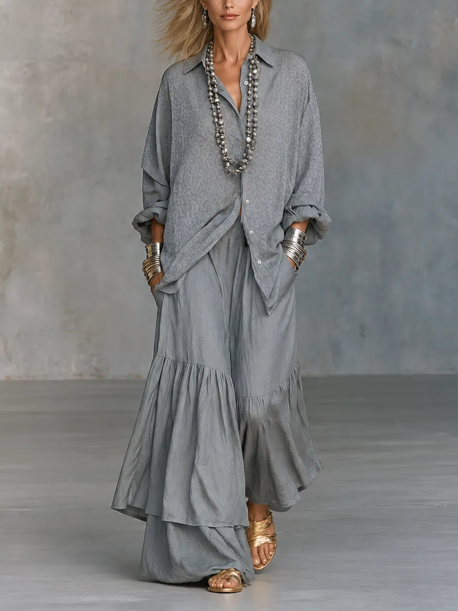 Women's Leopard Jacquard Oversized Shirt & Wide Leg Tiered Pants Two-Piece Set