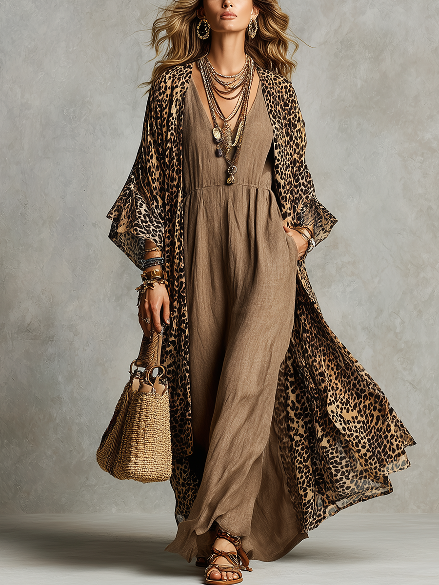 Bohemian Wild Leopard Print Layered Dress Set