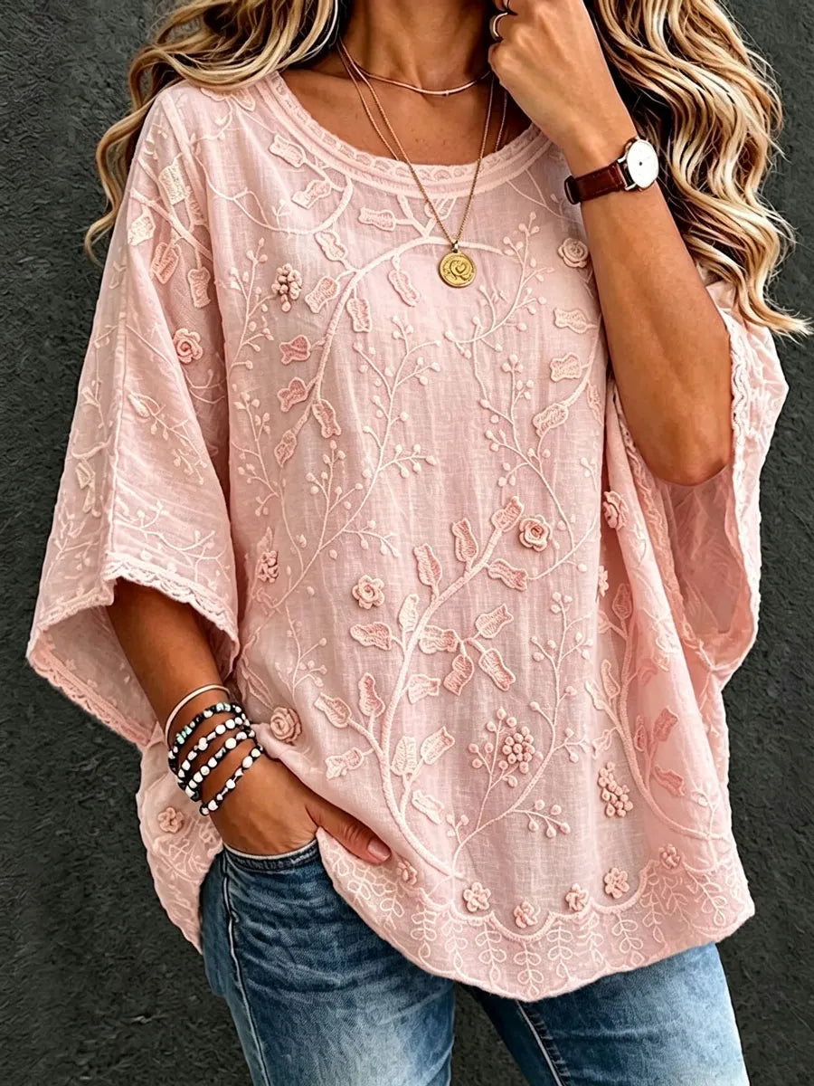 Women'S Cotton Linen Flower Casual Loose Top