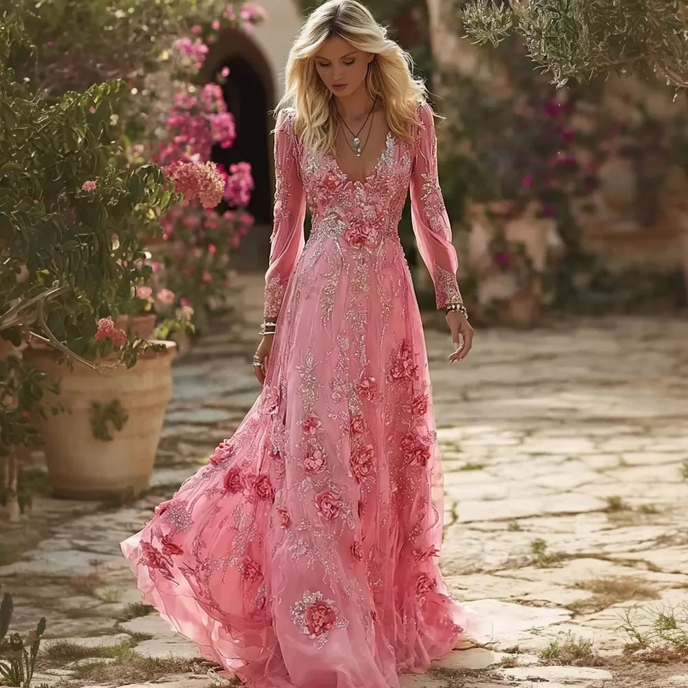 Vintage Boho Roses Embroidered Flowy Linen Maxi Dress