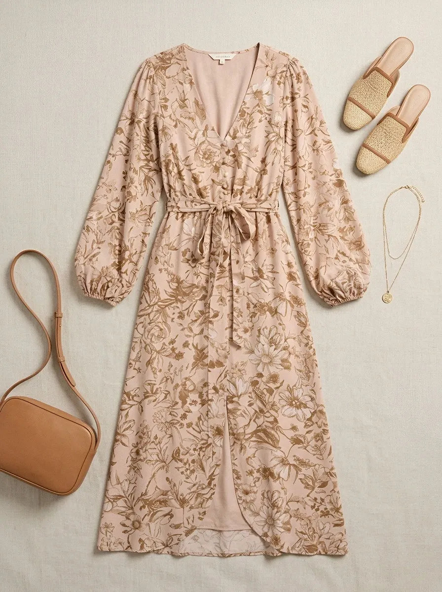 Women's Bohemian Floral V-Neck Long Sleeve Printed Dress