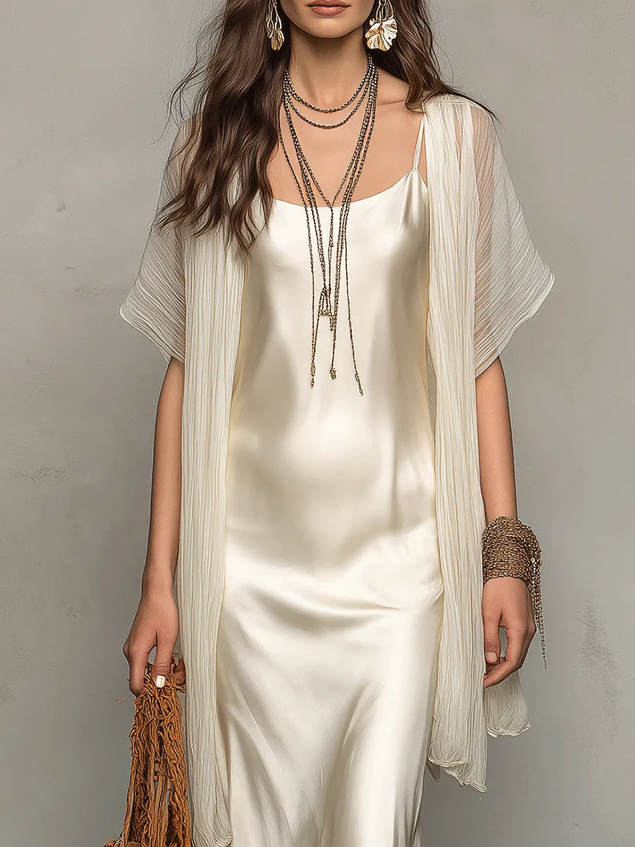 Elegant Satin Slip Midi Dress With Sheer Chiffon Cover-Up