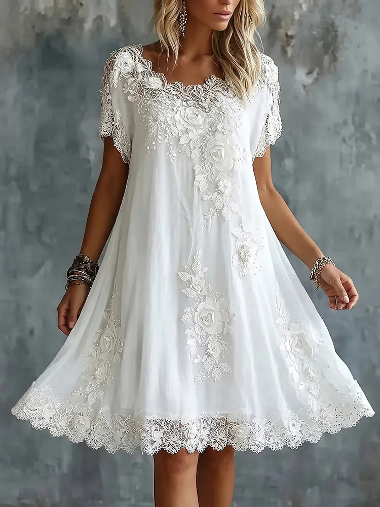 Vintage Classy Floral Art Linen Blend Loose Midi Dress