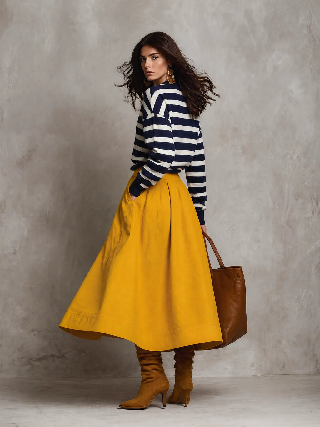 Effortless Striped Knit Sweater & Maxi-Skirt Navy Two-Piece Set