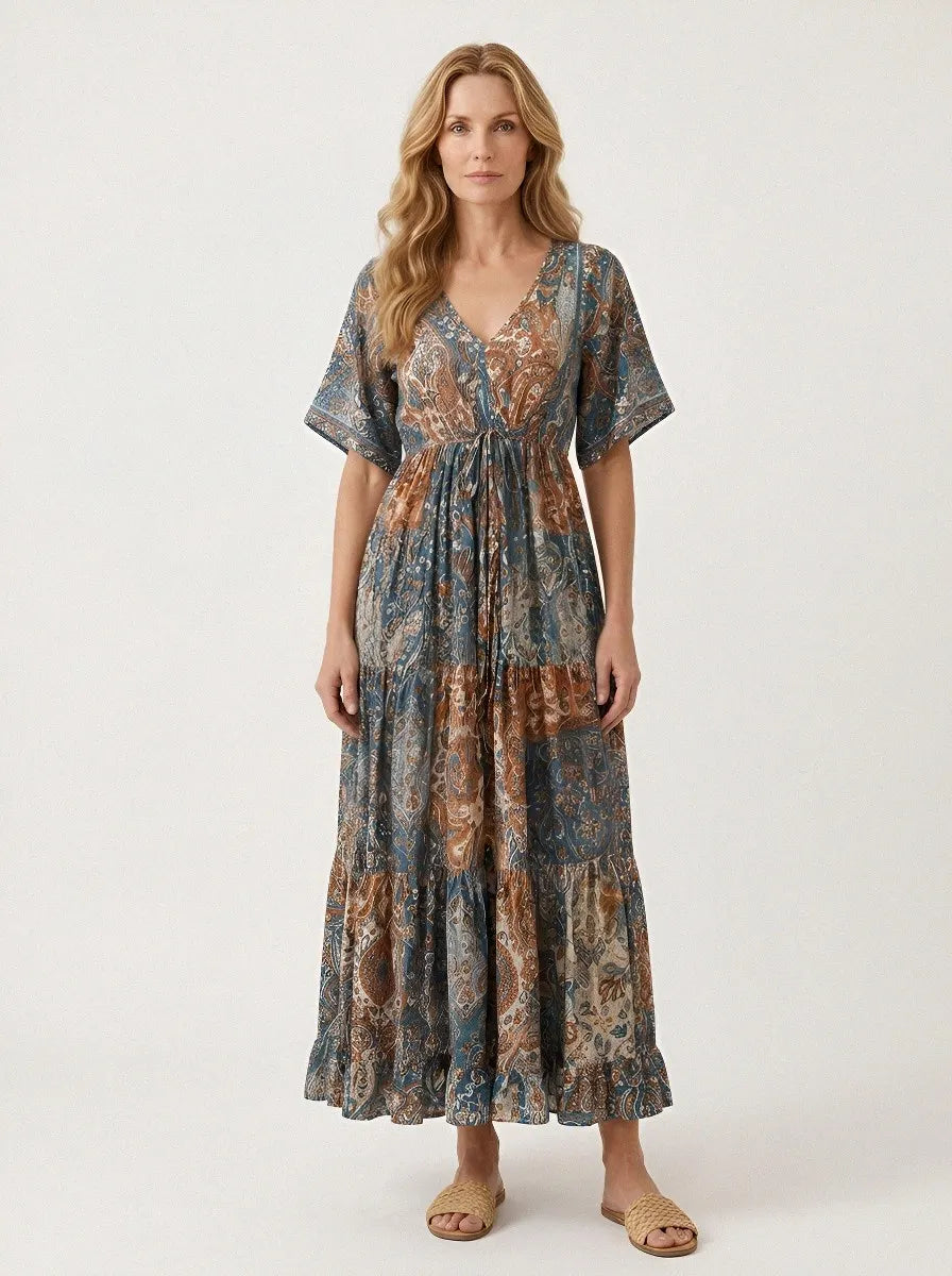 Women's Bohemian V-Neck Paisley Floral Printed Maxi Dress