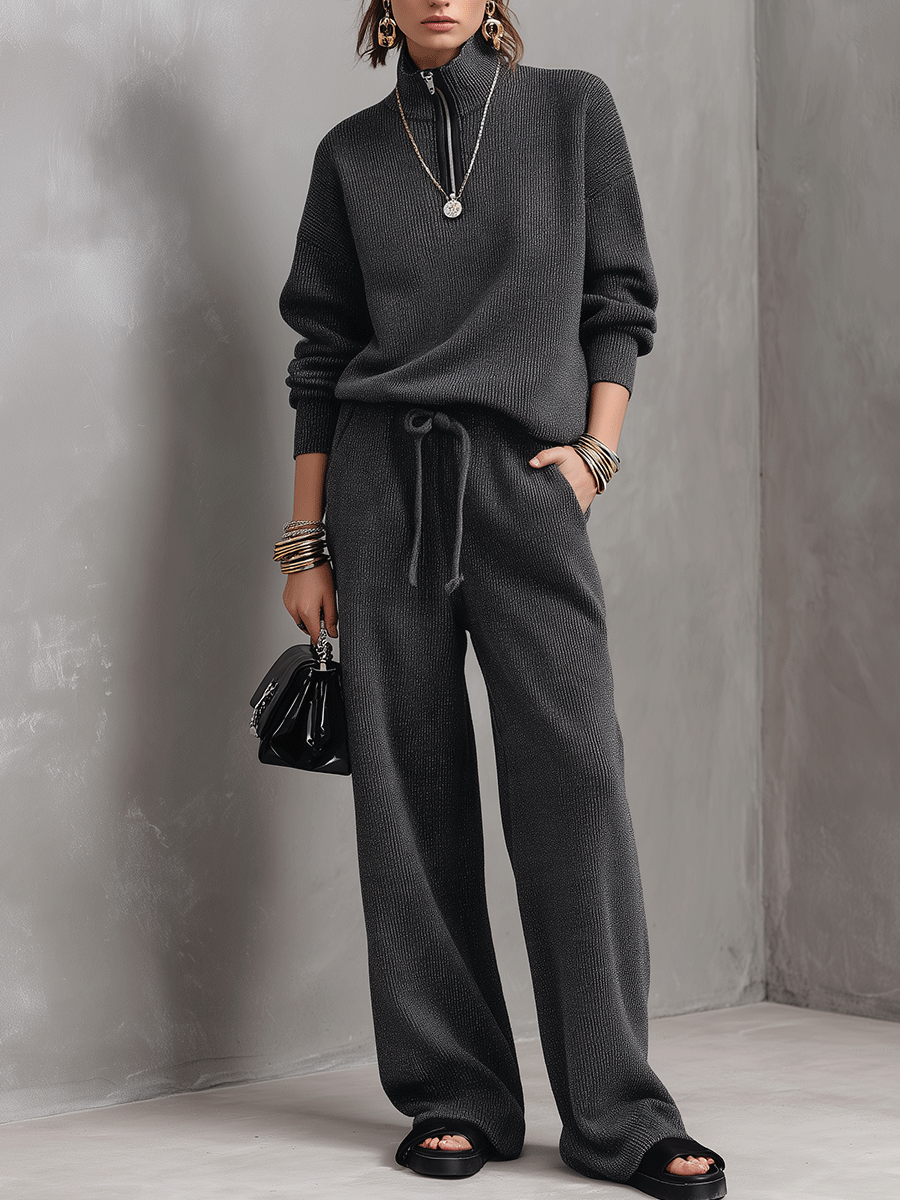 Ribbed Knit Half-Zip Sweater & Wide-Leg Pants Two-Piece Set