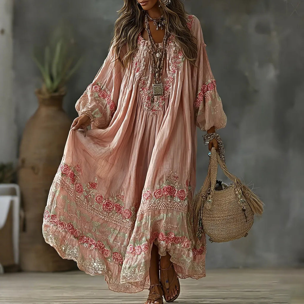 Women's Vintage Floral Art Print Flowy Linen Blend Casual Long Sleeve Maxi Dress