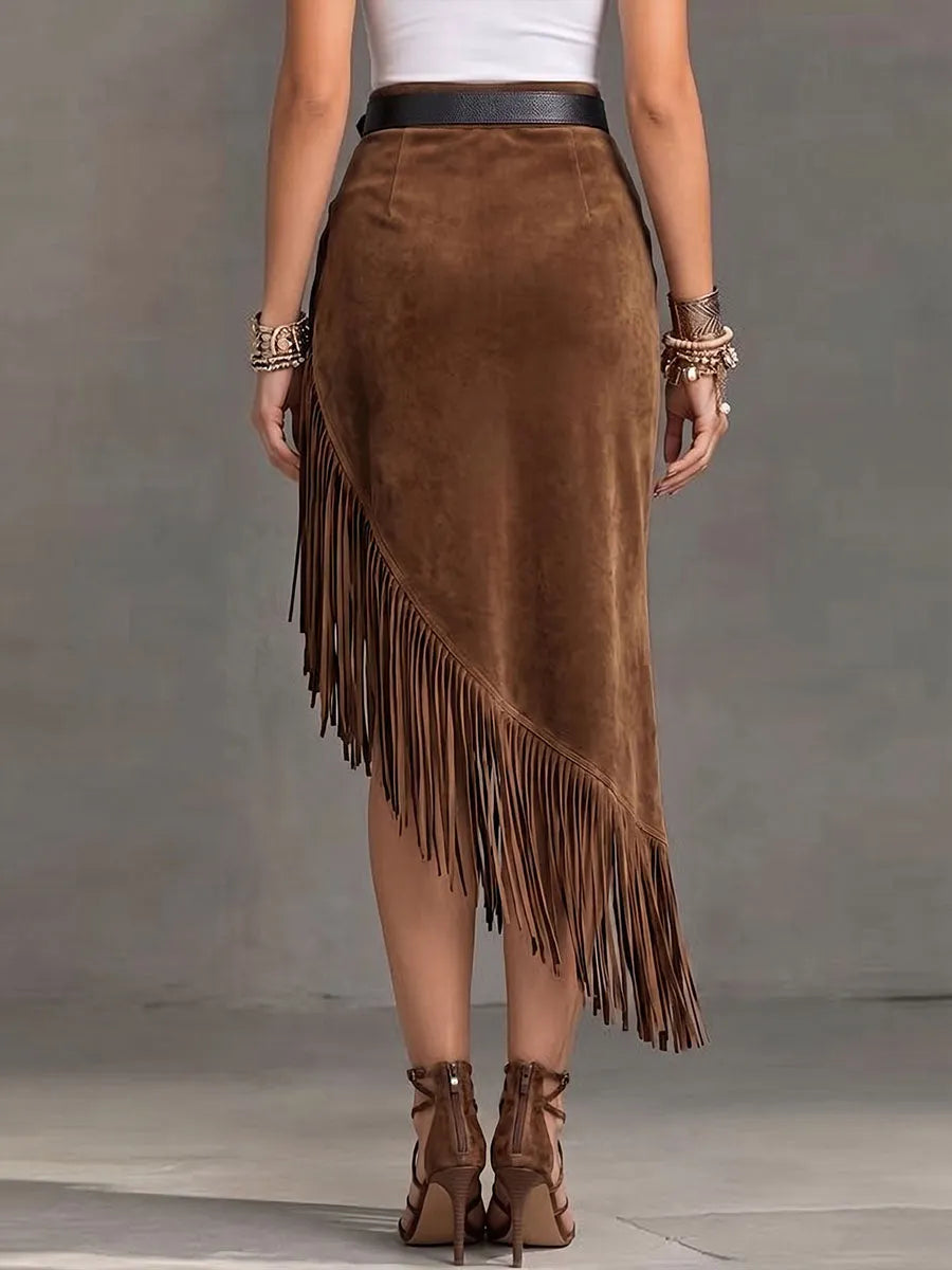 Women's High-waisted Casual Loose Faux Suede Tassel Skirt