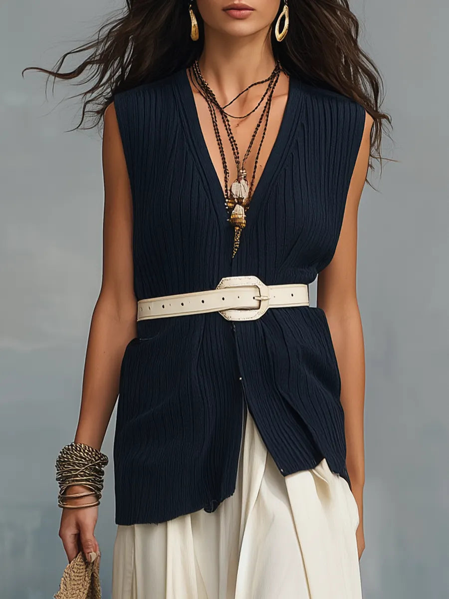 Minimal Midnight Navy Belted Sleeveless Top & Skirt Set