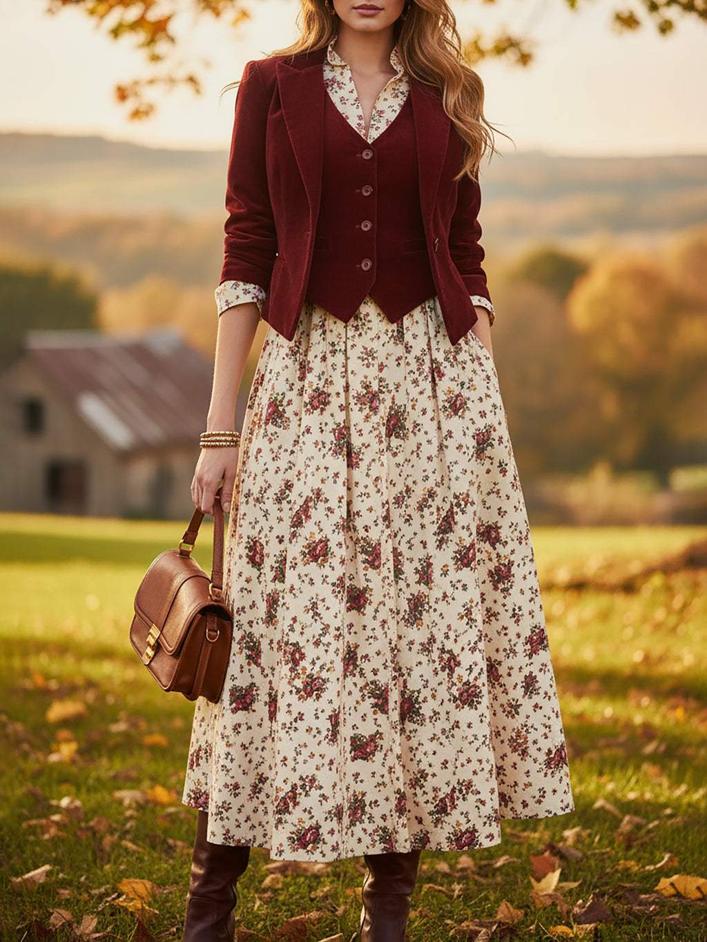 Cotton Blazer (Dress and Vest Not Included), Long Sleeves, Lapel Collar, Button Design, Vintage, Red