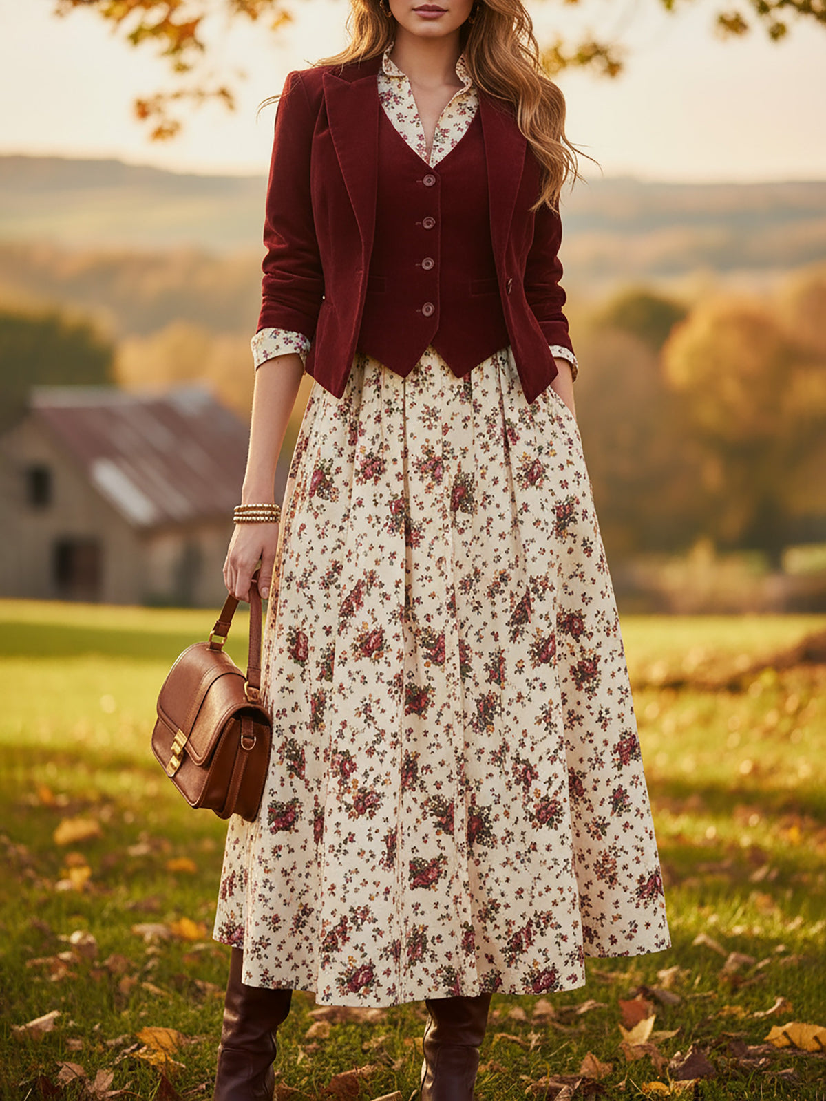 Cotton Blazer (Dress and Vest Not Included), Long Sleeves, Lapel Collar, Button Design, Vintage, Red