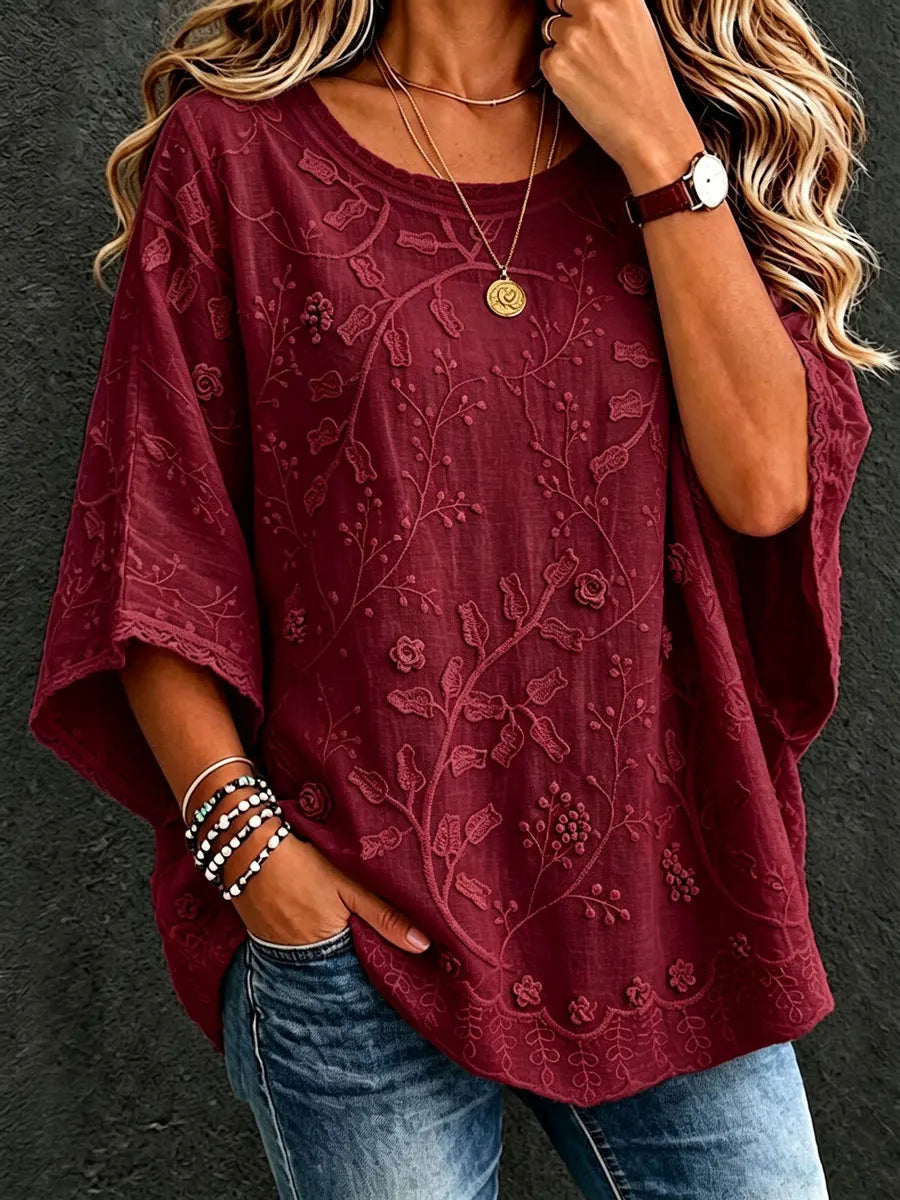 Women'S Cotton Linen Flower Casual Loose Top