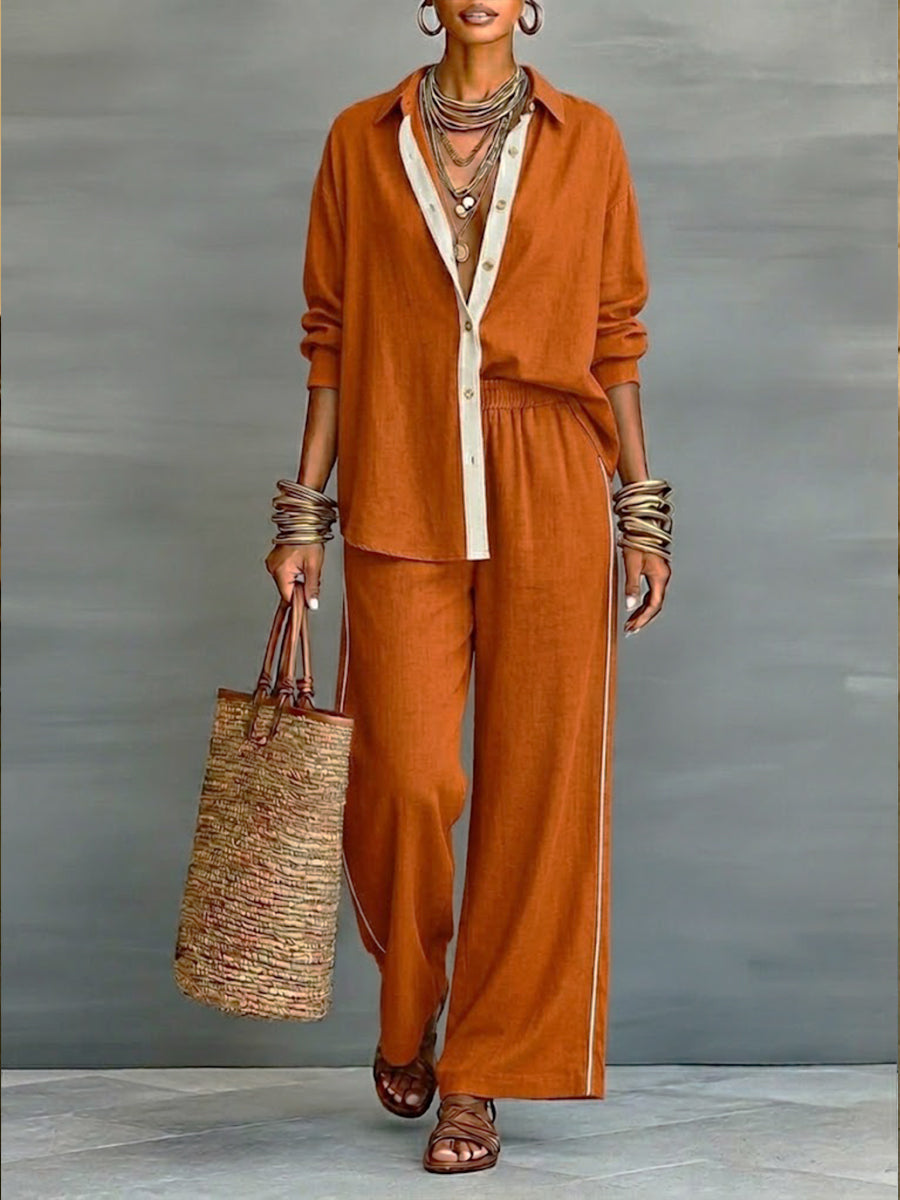 Casual Linen And Cotton Shirt And Wide-leg Pants Two-piece Set
