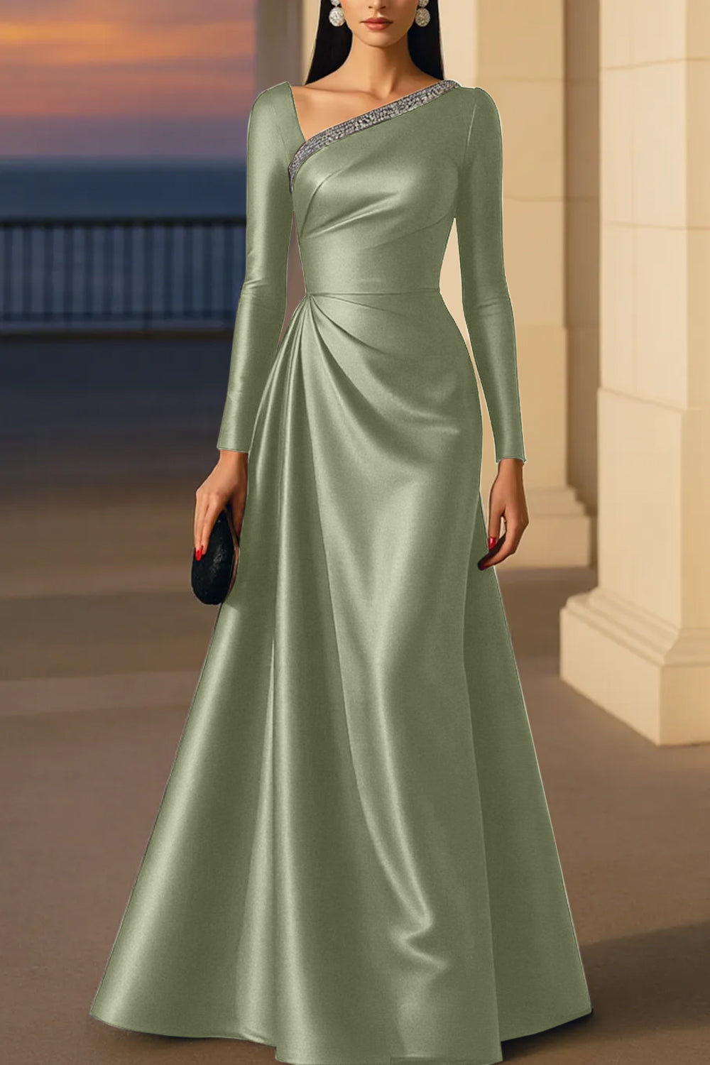 Evening Formal Burgundy Dress Asymmetrical Neck Long Sleeve Maxi Gown