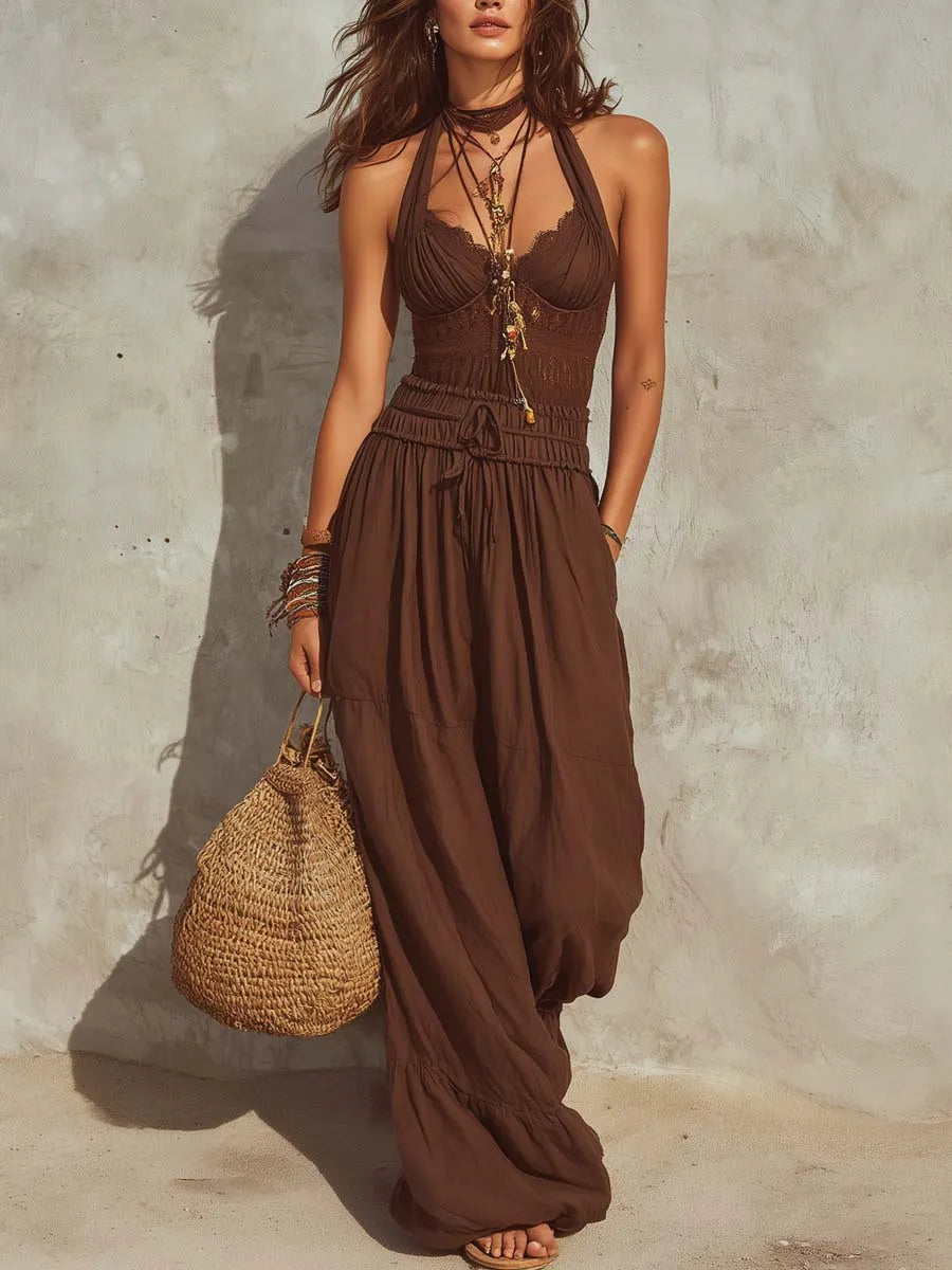 Retro Lace-Paneled Cotton-Linen Jumpsuit