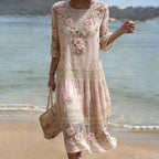 Women's Vintage Pink Flower Embroidery Art Midi Dress