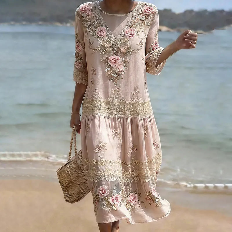 Women's Vintage Pink Flower Embroidery Art Midi Dress