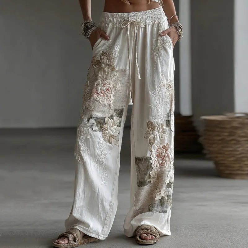 Women's Retro Floral Patchwork Art Casual Linen Pants