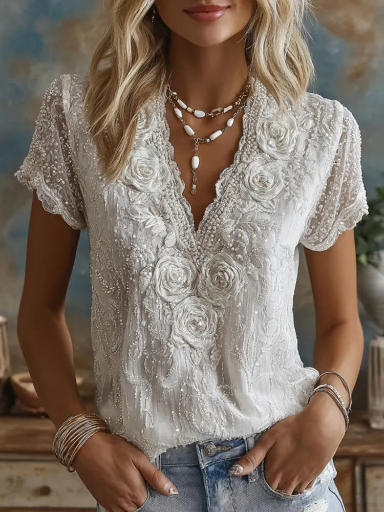 Women's Retro Rose Floral Art V Neck Casual Linen Blend Top