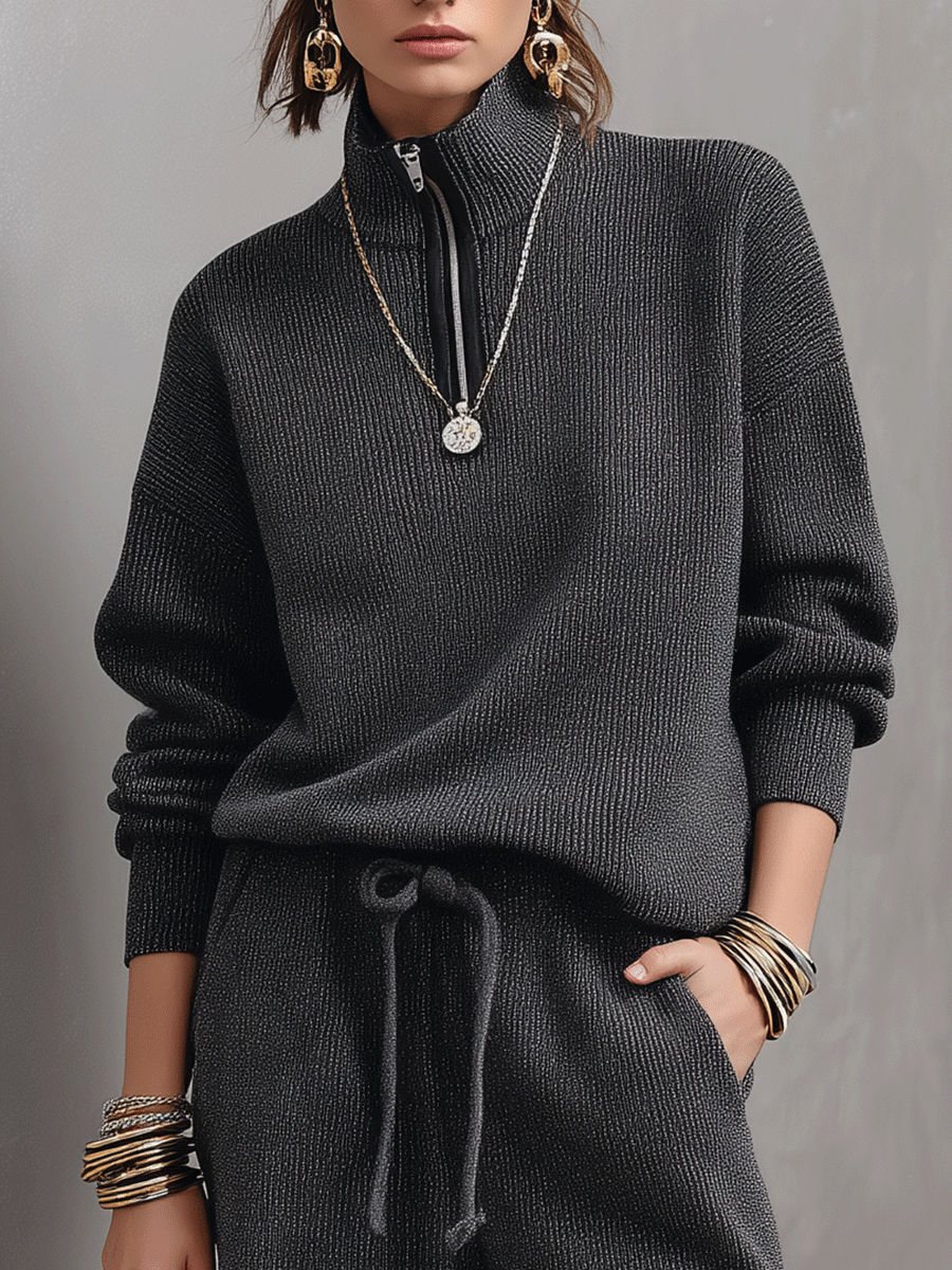 Ribbed Knit Half-Zip Sweater & Wide-Leg Pants Two-Piece Set