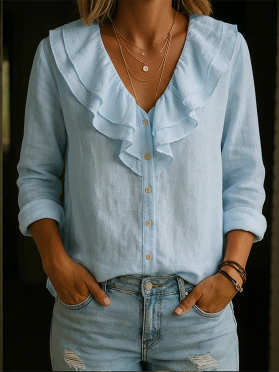 Women's Ruffled Collar Linen And Cotton Shirt