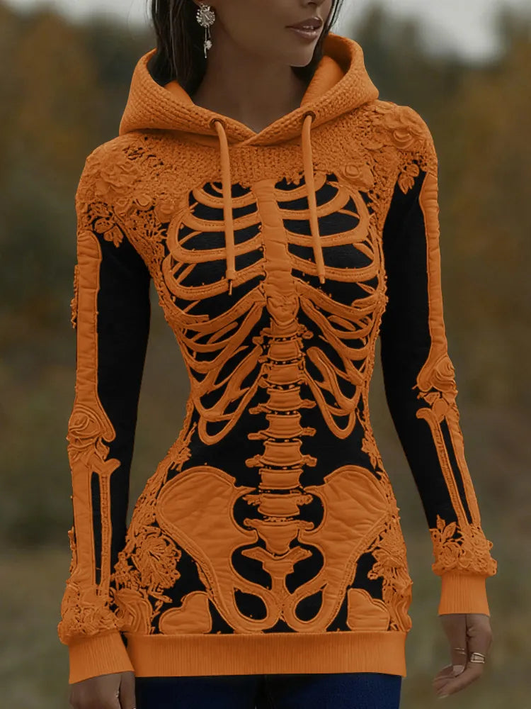 Women's Halloween Skeleton Bones With Roses Art Knitted Warm Hooded Sweater