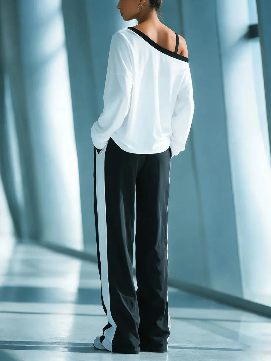 Casual Cotton One-shoulder Sweatshirt And Pants Two-piece Set