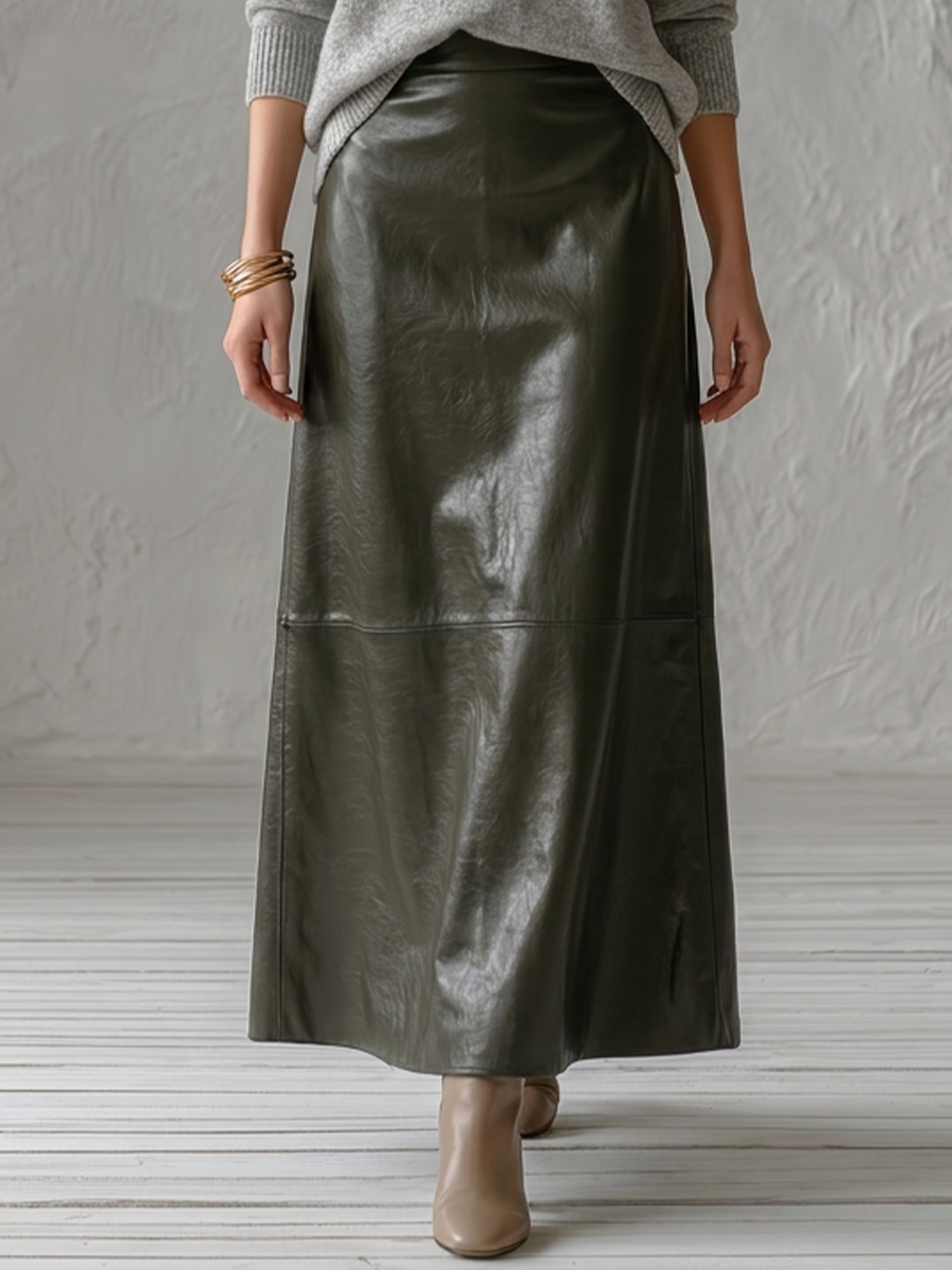 Grey V-Neck Sweater & Olive Maxi Skirt Set
