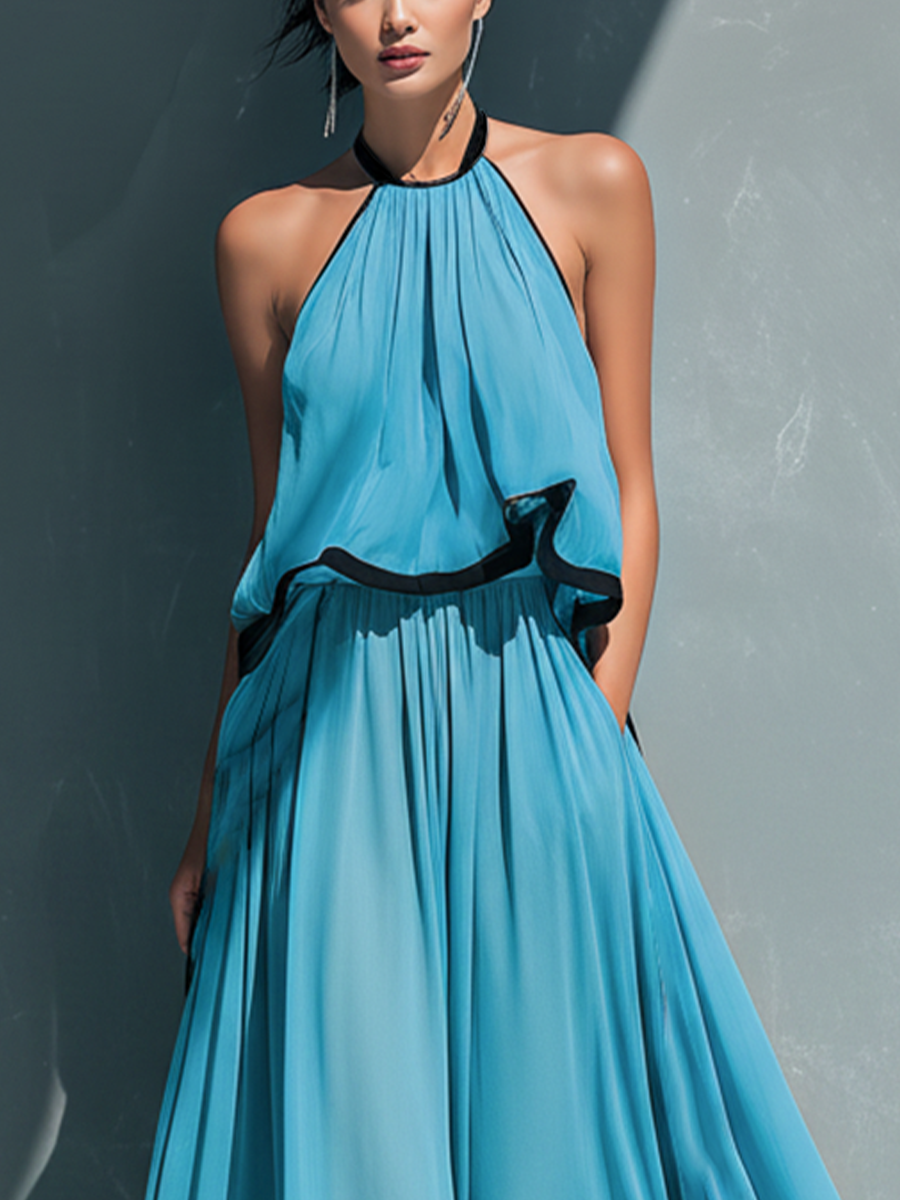 Women¡¯s Sky Blue Chiffon Halter Neck Ruched Contrast Trim Crop Cami Top And High-Waisted Chiffon Flared Trousers Set MDZ1399D9T