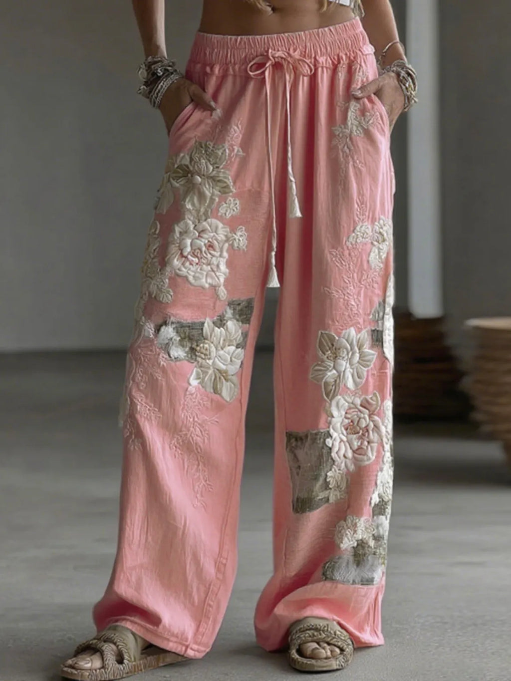 Women's Retro Floral Patchwork Art Casual Linen Pants