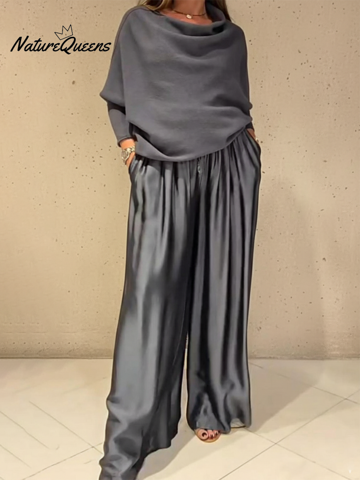 Elegant Off-shoulder Sweater and Satin Wide-leg Pants Two-piece Suit