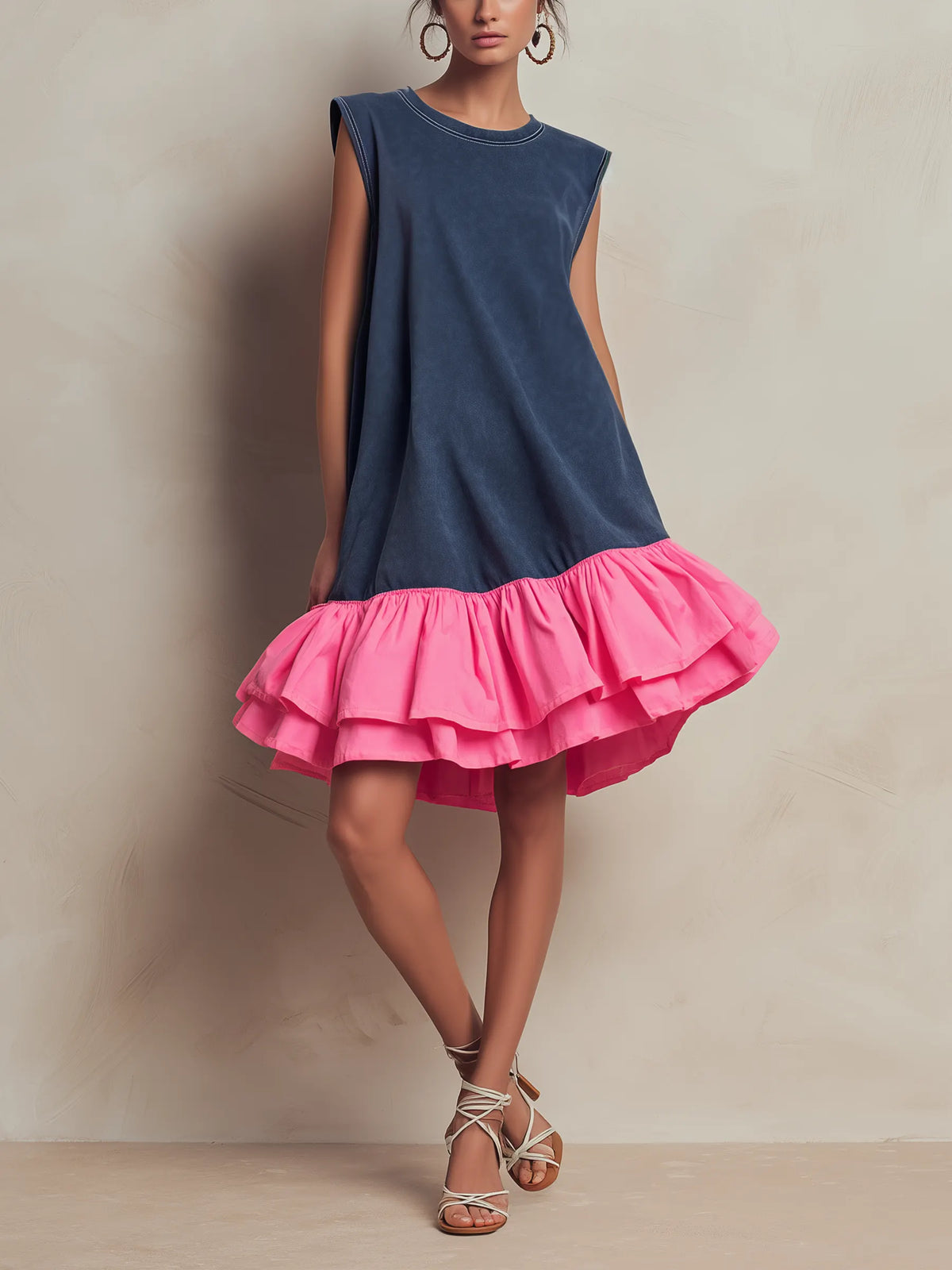 Washed French Terry Sleeveless Shift Mini Dress Contrast Hot Pink Tiered Ruffle Hem Loose Casual Dress