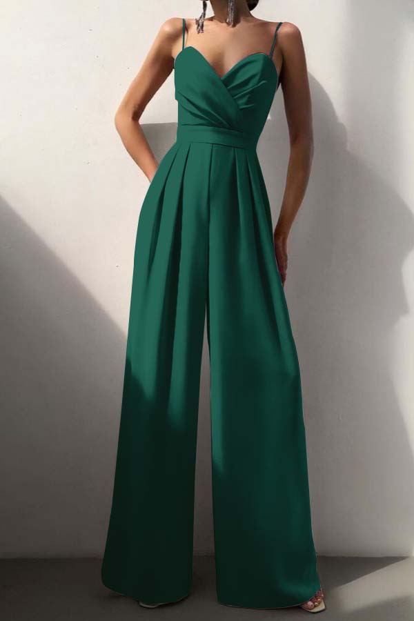 Cocoslly Chic Lilac Sweetheart Spaghetti Strap Sleeveless Pleated Long Wid-Leg Jumpsuit