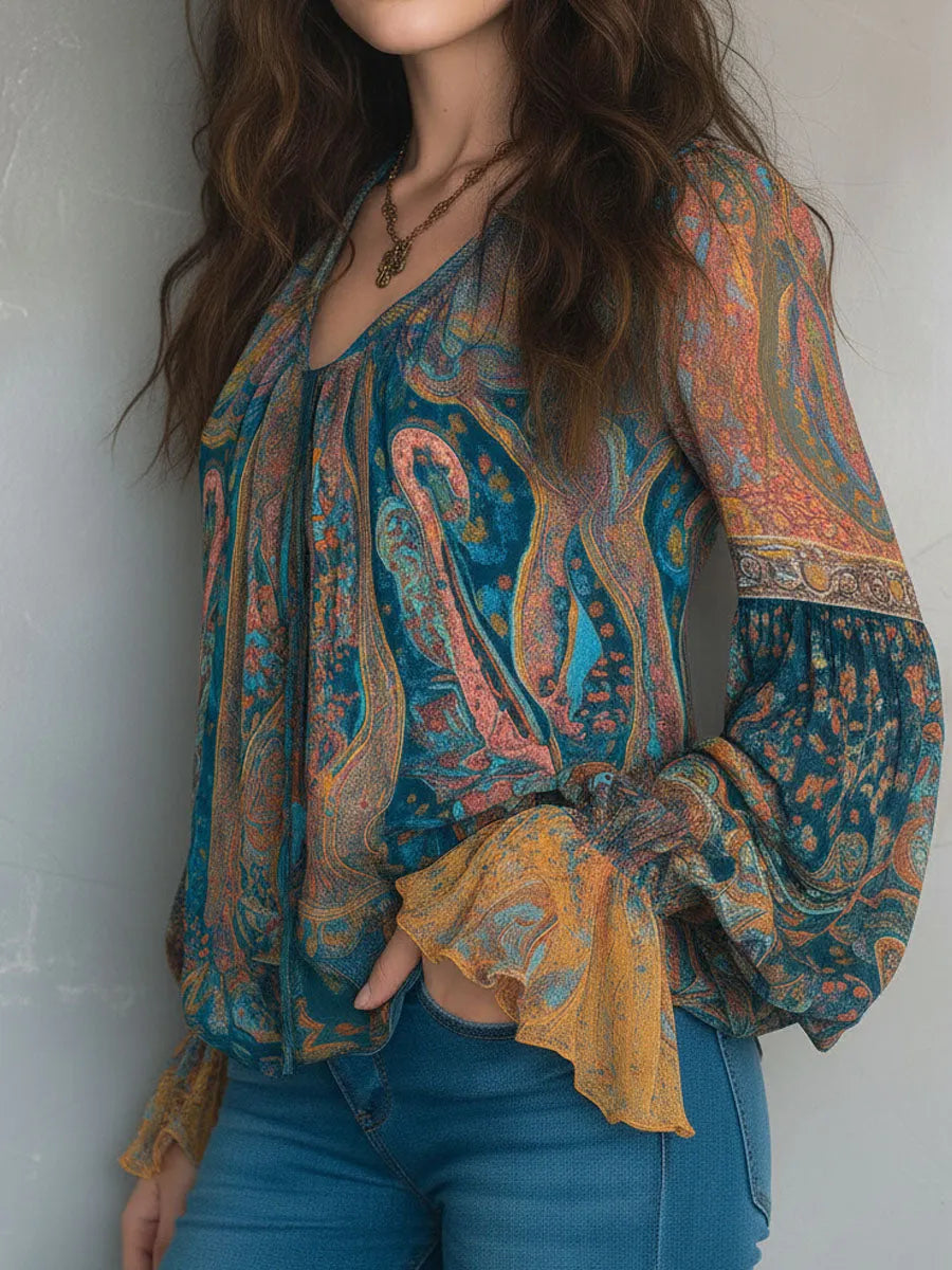 Bohemian Teal & Amber Paisley Chiffon Blouse With Ruffled Cuffs