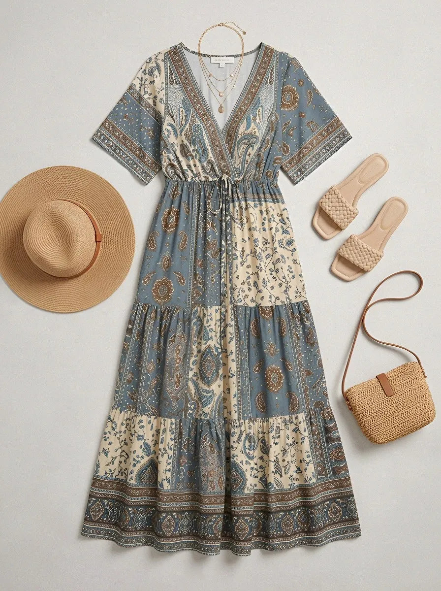 Women's Bohemian V-Neck Paisley Floral Printed Maxi Dress