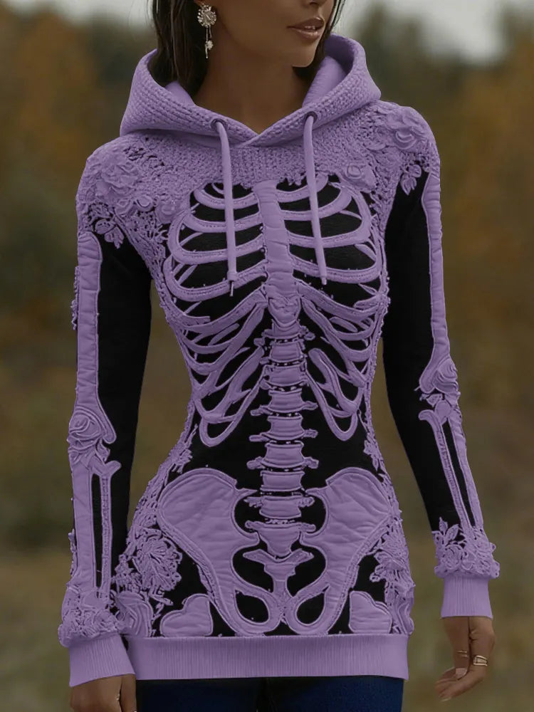 Women's Halloween Skeleton Bones With Roses Art Knitted Warm Hooded Sweater
