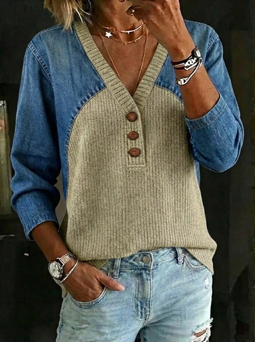 Women's Retro Casual Denim And Cotton Knit Sweater