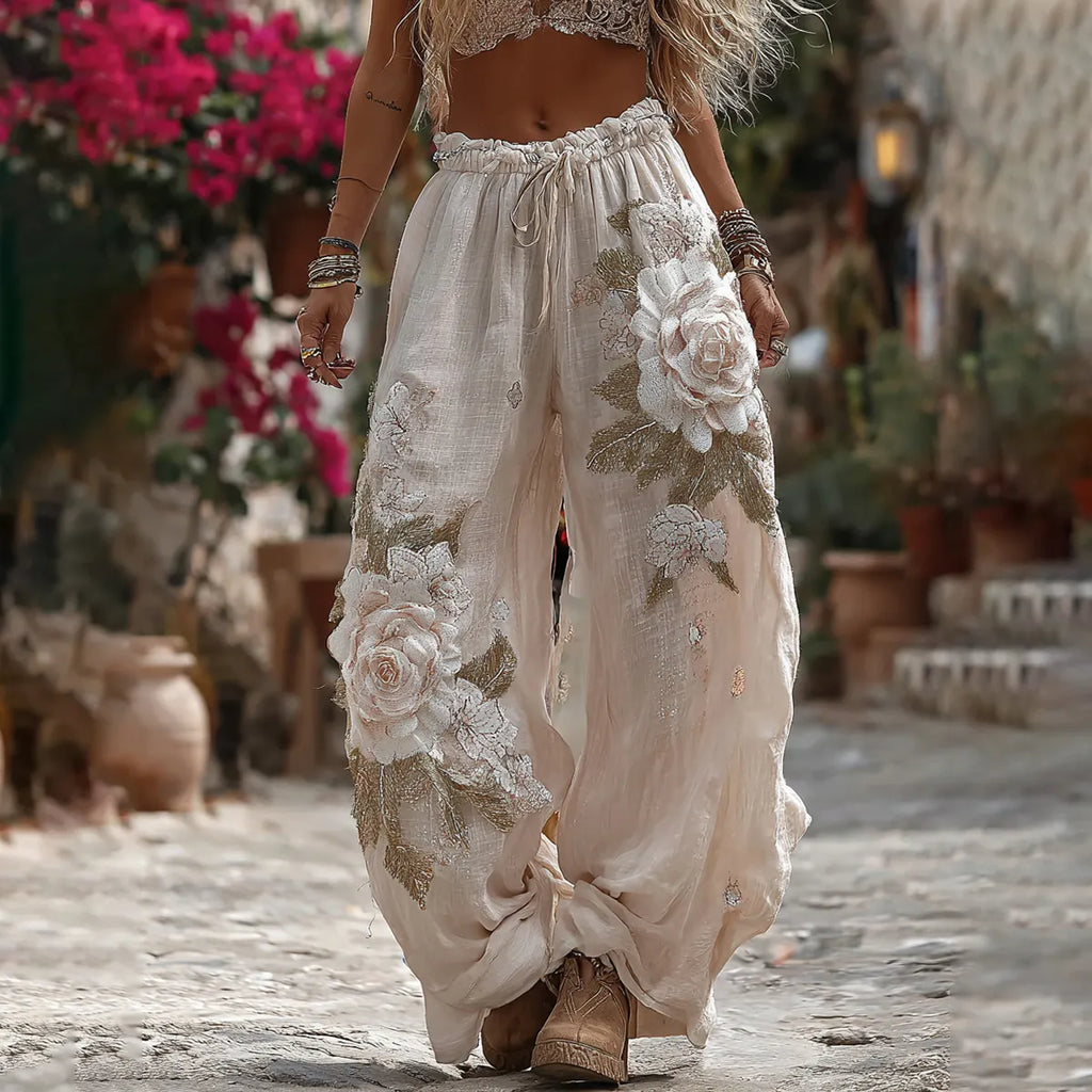 Women's Vintage Romantic White Rose Embroidery Art Comfy Linen Pants