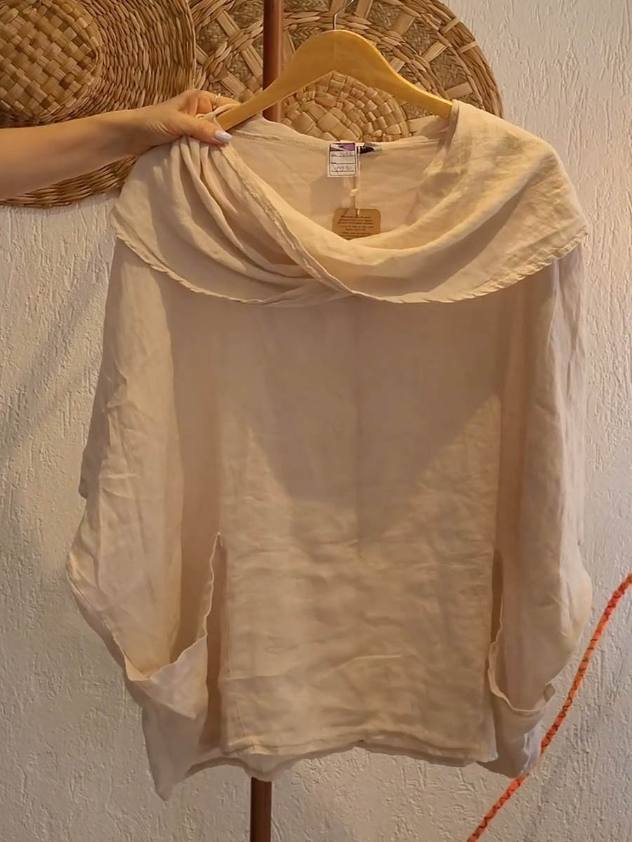 Women's Solid Color Draped Neck 3/4 Sleeve Comfortable Casual Linen Pocket Top