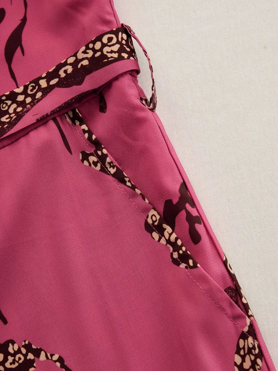 Casual Loose Rose Red Chiffon Leopard Print Long-Sleeved Jumpsuit
